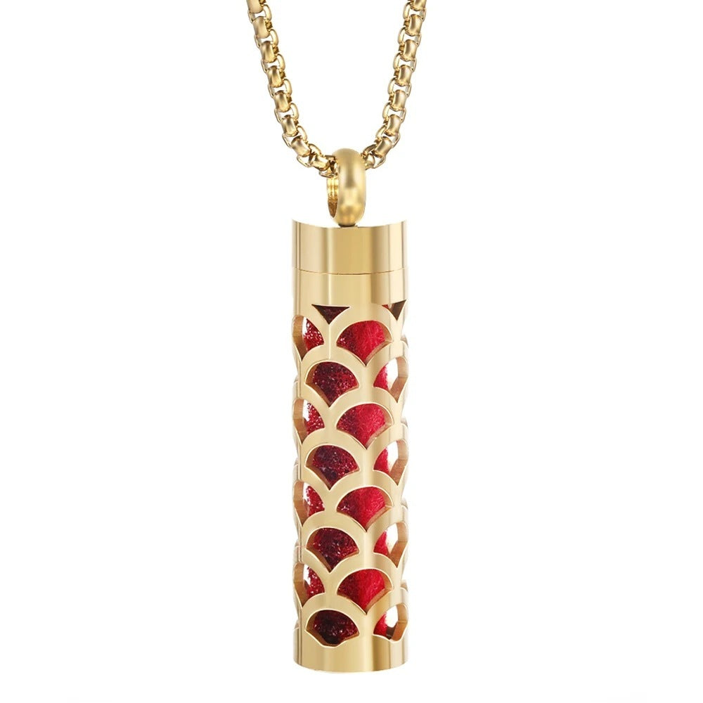 Gold Stainless Steel Cylindrical Hollow Pendant Aromatherapy Bottles