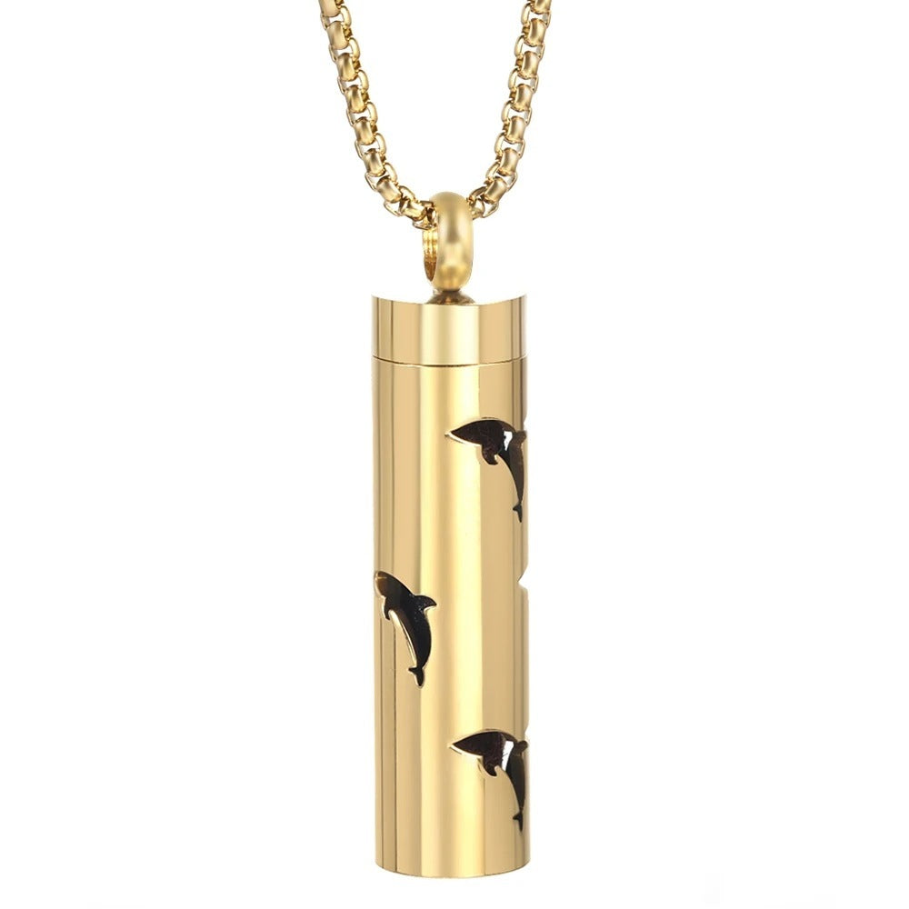 Gold Stainless Steel Cylindrical Hollow Pendant Aromatherapy Bottles