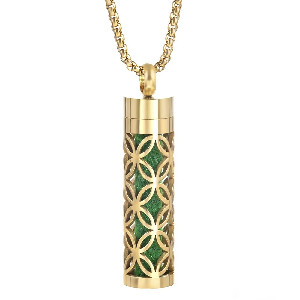 Gold Stainless Steel Cylindrical Hollow Pendant Aromatherapy Bottles