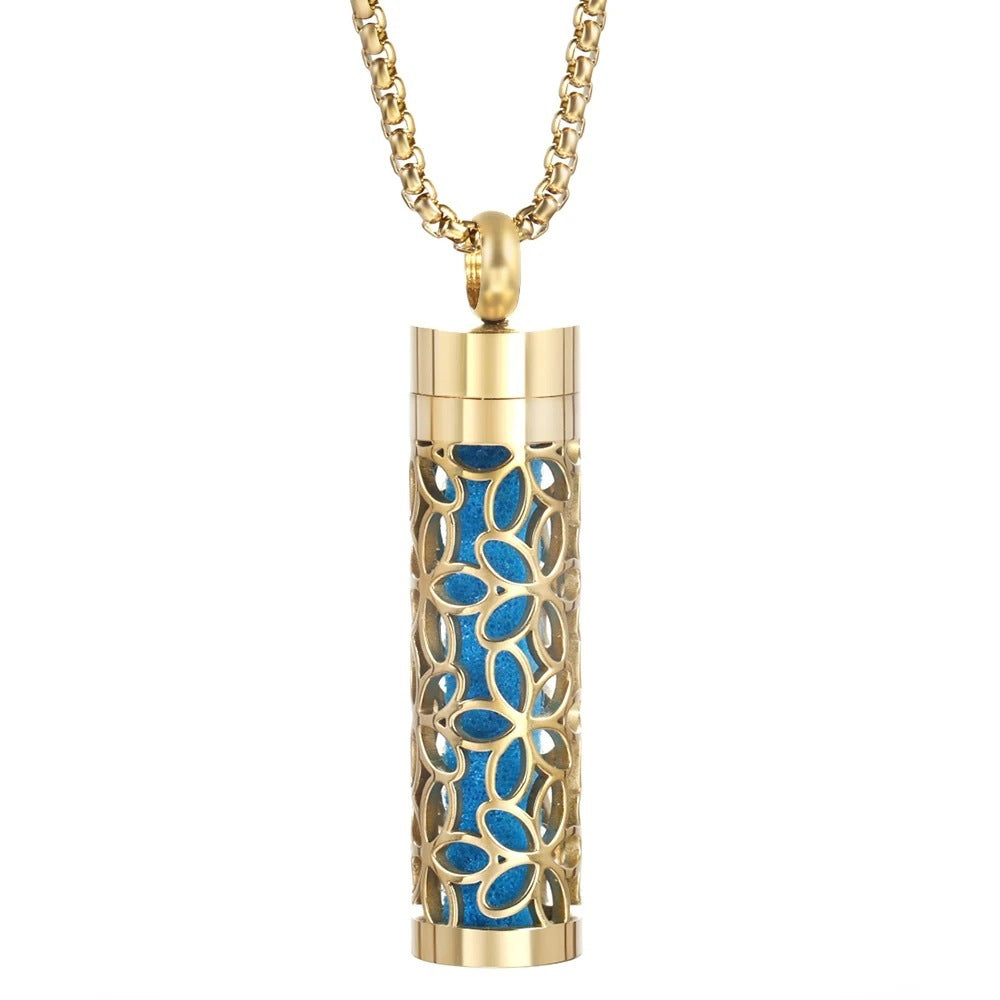 Gold Stainless Steel Cylindrical Hollow Pendant Aromatherapy Bottles