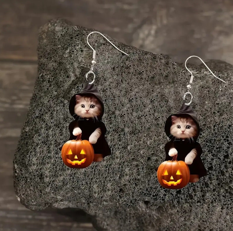 Cat Portable Pumpkin Earrings Acrylic Flat Creative